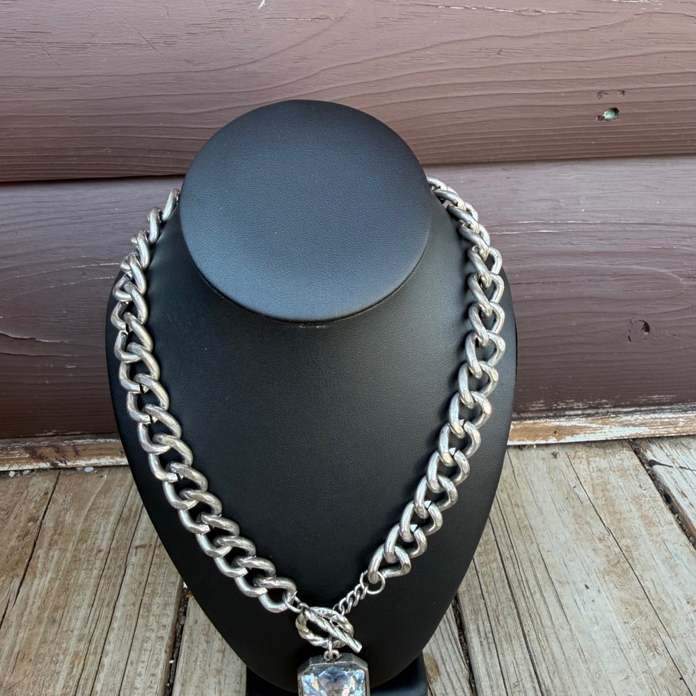 Chunky Curb Chain Necklace Women Silver Clear Emerald Cut Crystal Toggle Clasp - Picture 3 of 7